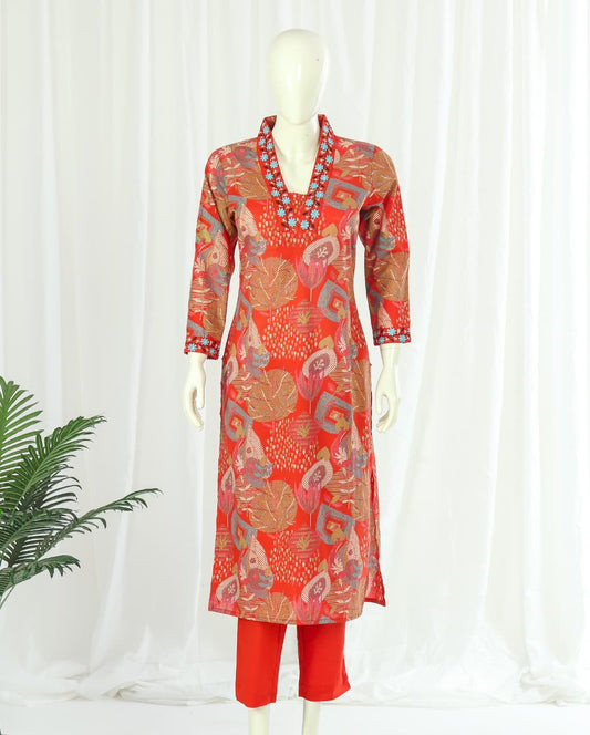 Cotton Kurti Pant Dupatta Set with Embroidered Neckline and Malmal Dupatta for Women