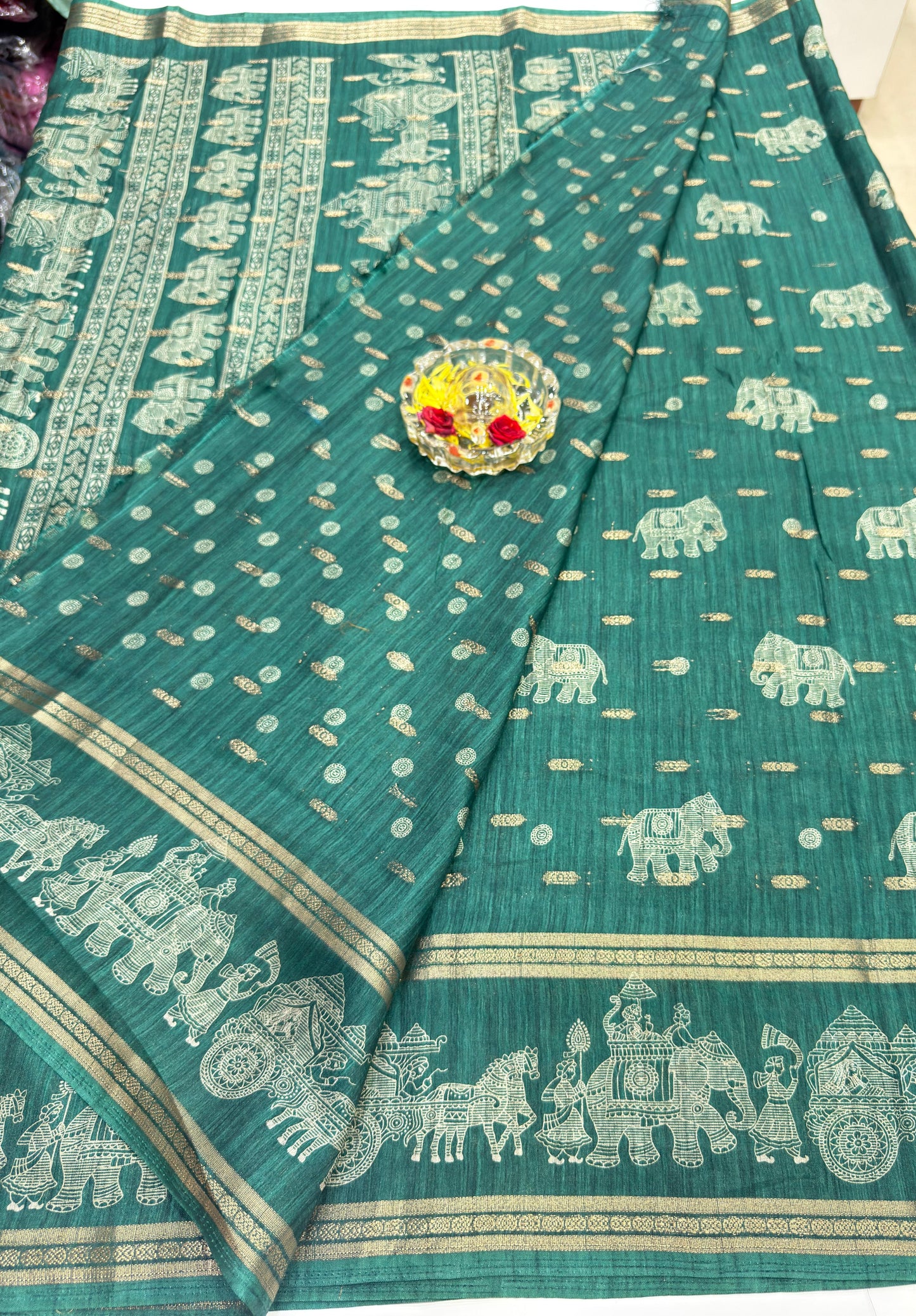 Silk Blend Saree for Women with Elephant Motifs and Traditional Woven Border