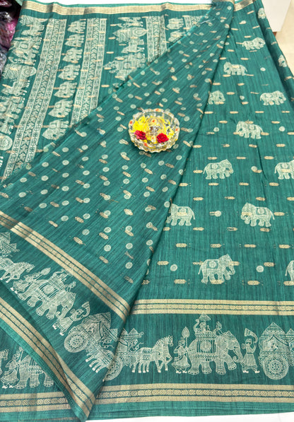 Silk Blend Saree for Women with Elephant Motifs and Traditional Woven Border