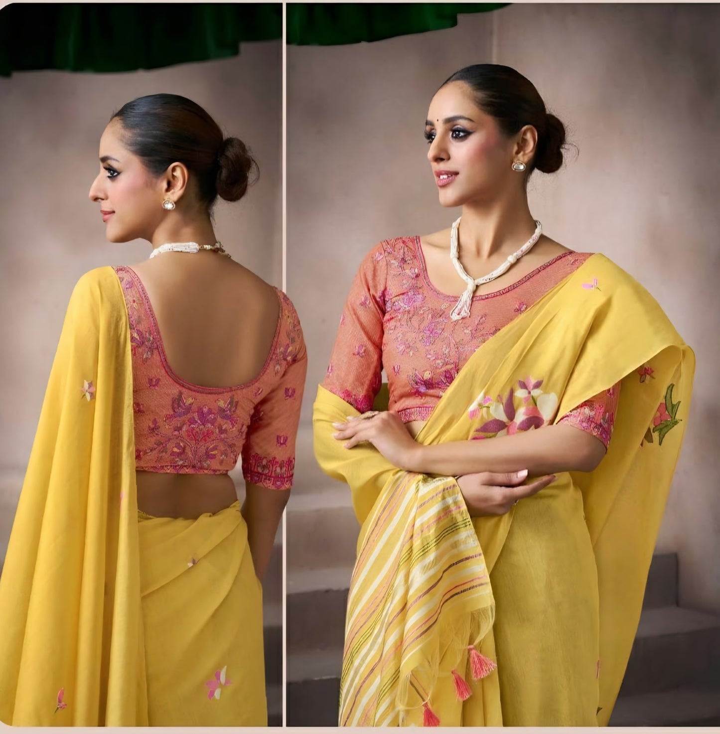 Yellow kora silk style viscose saree with woven floral motifs, tassel pallu and embroidered unstitched blouse fabric for women