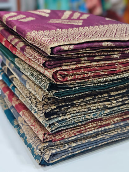 Organza Silk Zari Weaving Saree with Golden Butties, Silver Zari Pallu & Brocade Blouse