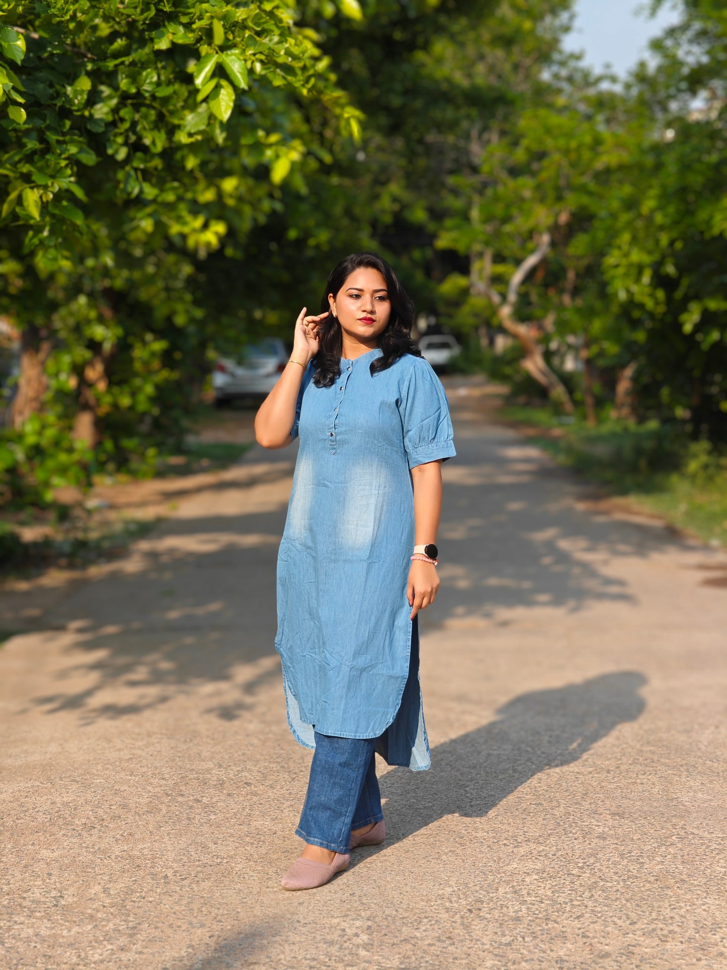 Light Blue Denim Solid High-Low Kurta for Women with Puff Sleeves – S to M
