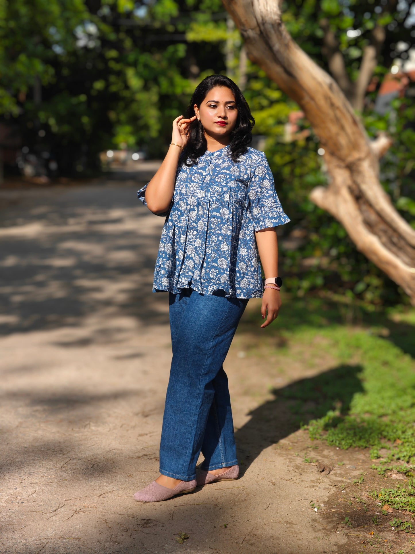 Ink Blue Cotton Floral Print Flared Top for Women – Sizes S to 3XL