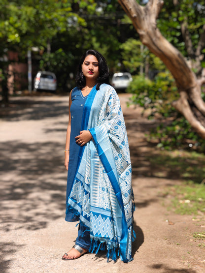 Cotton Slub Kurti with Hand Kantha Work, Pants and Cotton Silk Dupatta – Women’s Ethnic Set