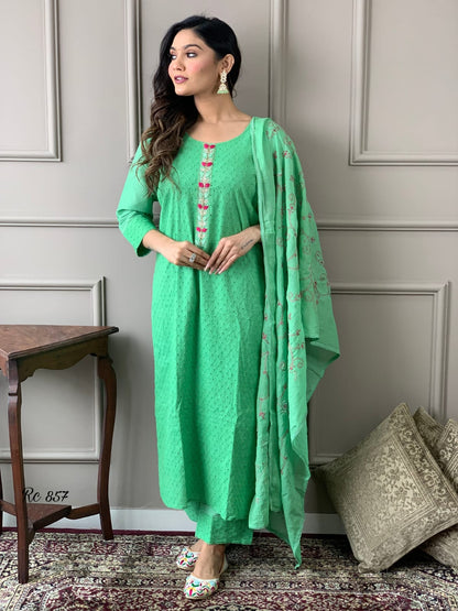 Cotton Schiffli Chikankari Kurta Set with Pants and Printed Silk Dupatta – Women’s Ethnic Wear