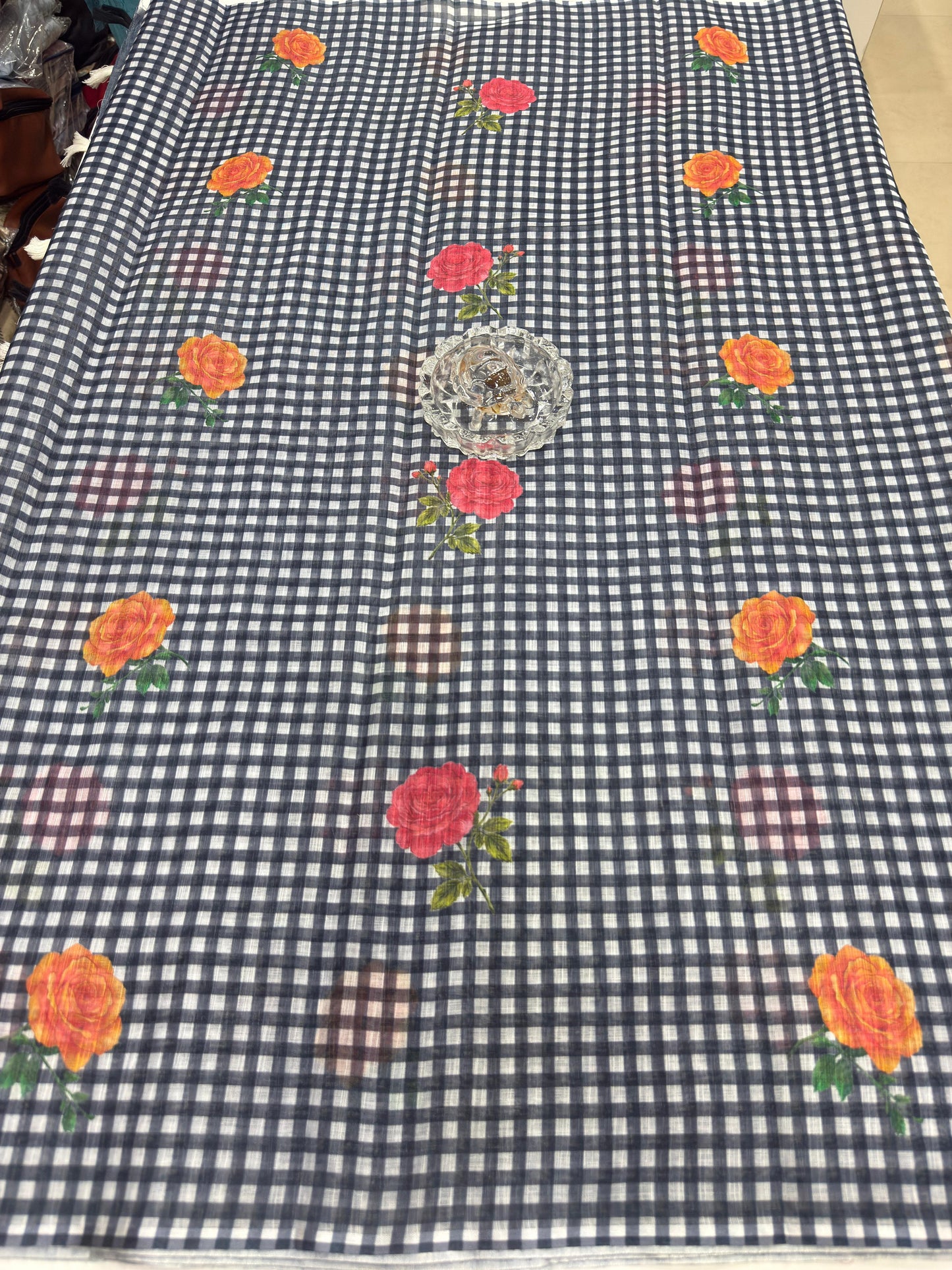 Linen Checks Printed Saree with Rose Floral Design and Matching Blouse for Women