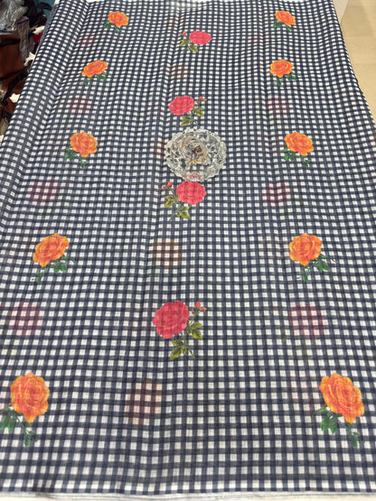 Linen Checks Printed Saree with Rose Floral Design and Matching Blouse for Women