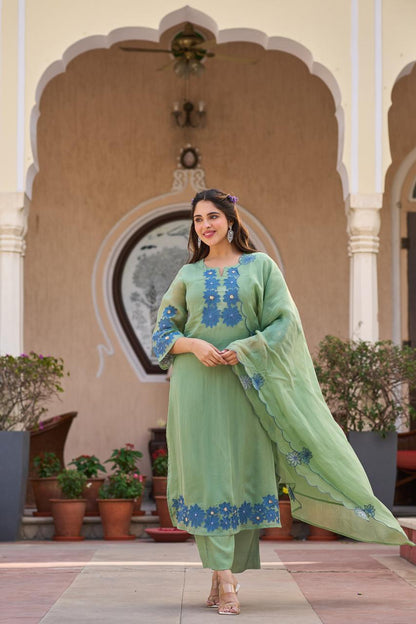 Organza Kurta Pant Dupatta Set for Women with Floral Applique Work and Embroidered Detailing