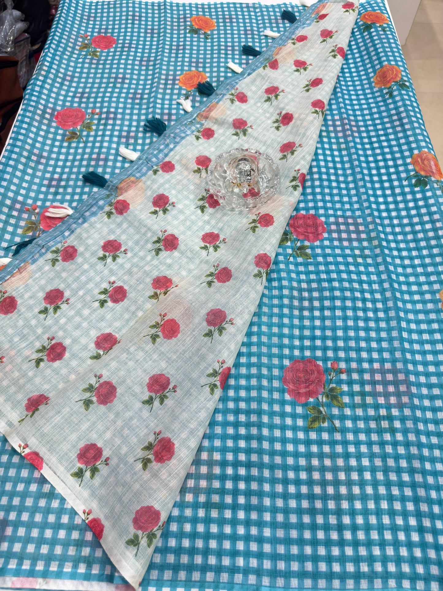 Linen Checks Printed Saree with Rose Floral Design and Matching Blouse for Women