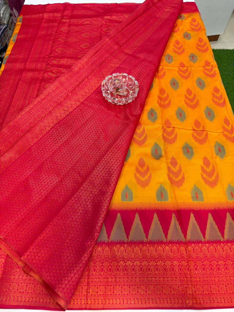 Soft Silk Ikkat Pochampally Saree with Traditional Woven Border and Blouse Piece for Women