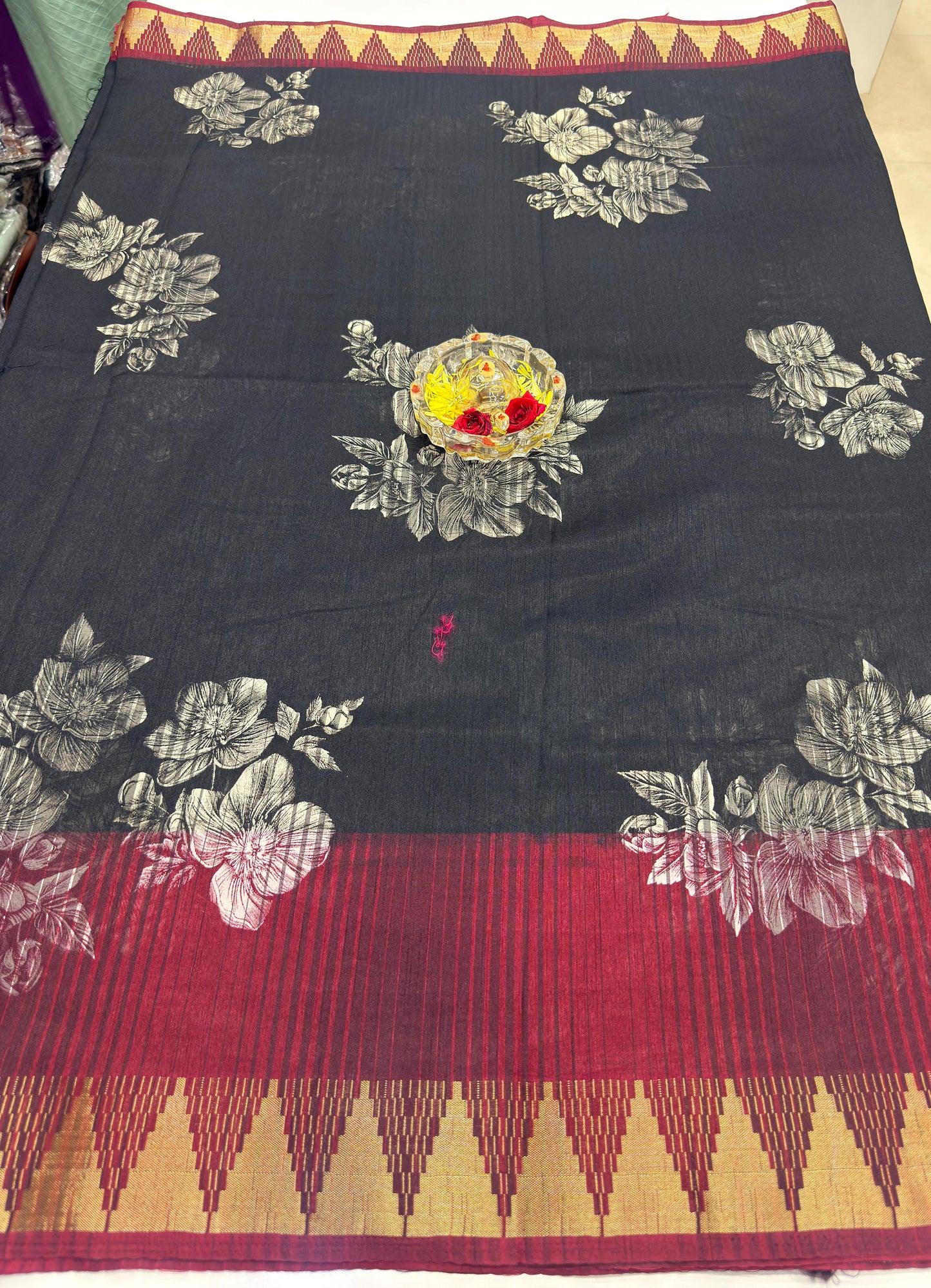 Printed Silk Blend Saree for Women with Temple Border and Traditional Ethnic Design