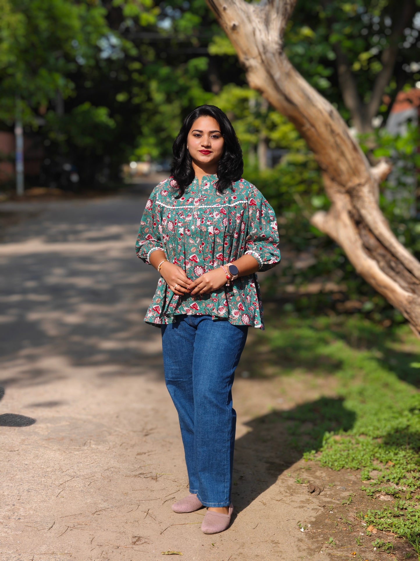 Green Cotton Botanical Print Empire Top for Women – Sizes S to 3XL