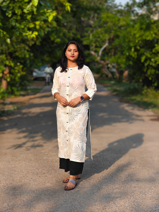 Off White Cotton Foil Printed Straight Kurta for Women with Button Front – S to 3XL