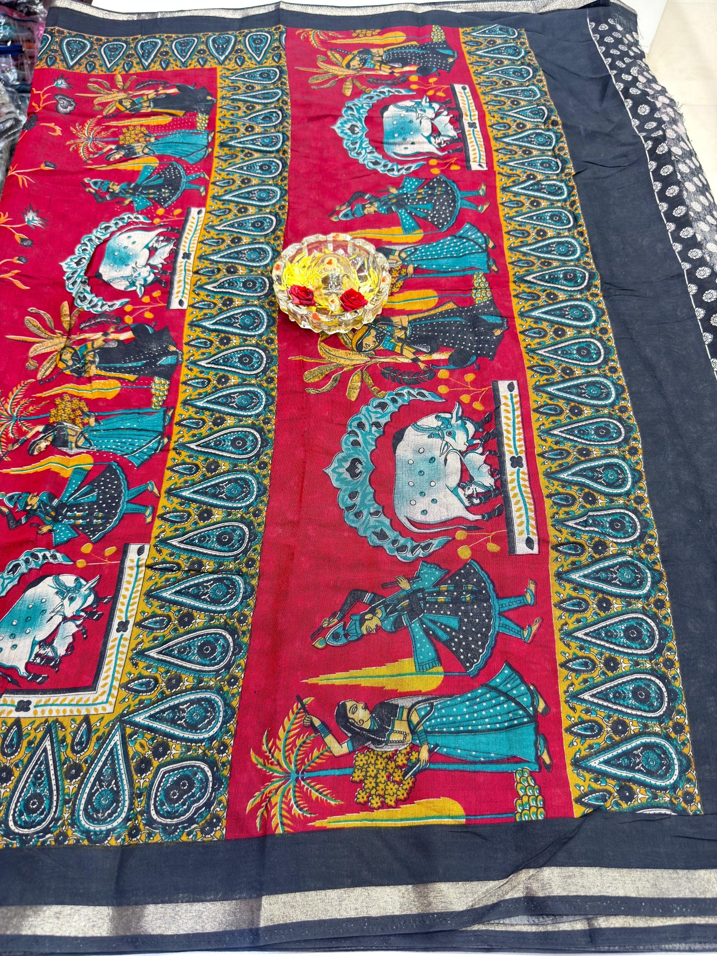 Kalamkari Printed Silk Blend Saree for Women with Artistic Border and Traditional Ethnic Design