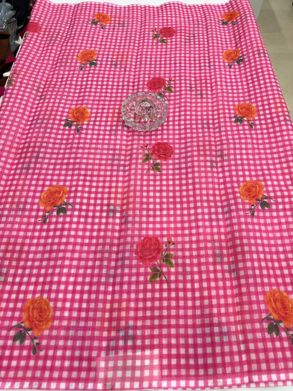 Linen Checks Printed Saree with Rose Floral Design and Matching Blouse for Women