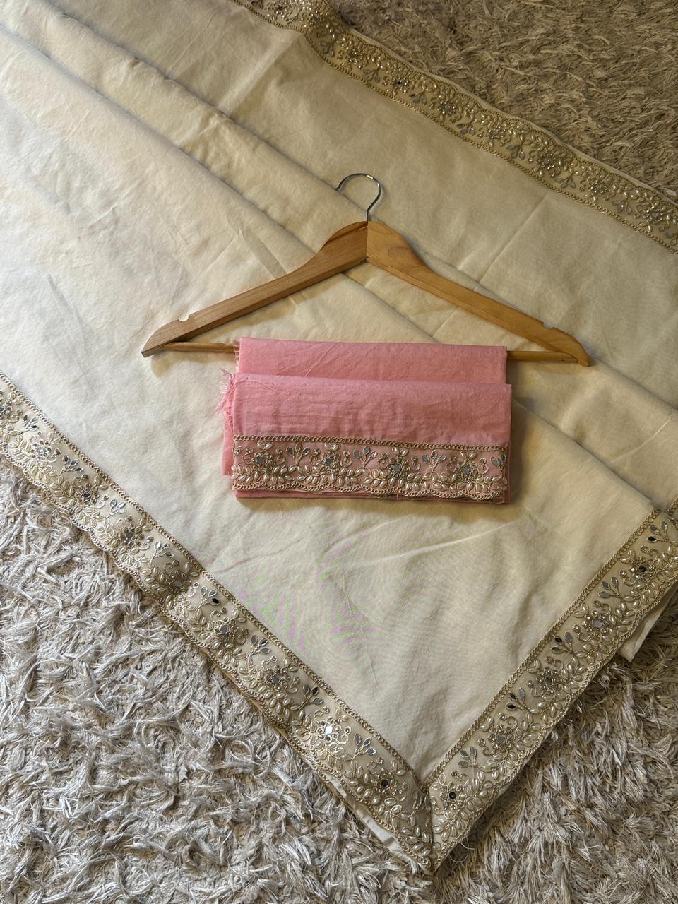 Banarasi mul cotton saree with lace handwork border and contrast pink lace blouse, lightweight women’s festive wear saree