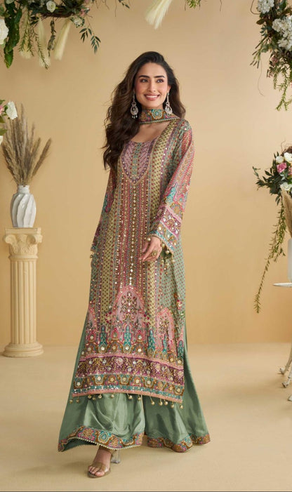 Natural Crepe Silk Kurti Plazzo Dupatta Set with Hand Aari and Gota Patti Work