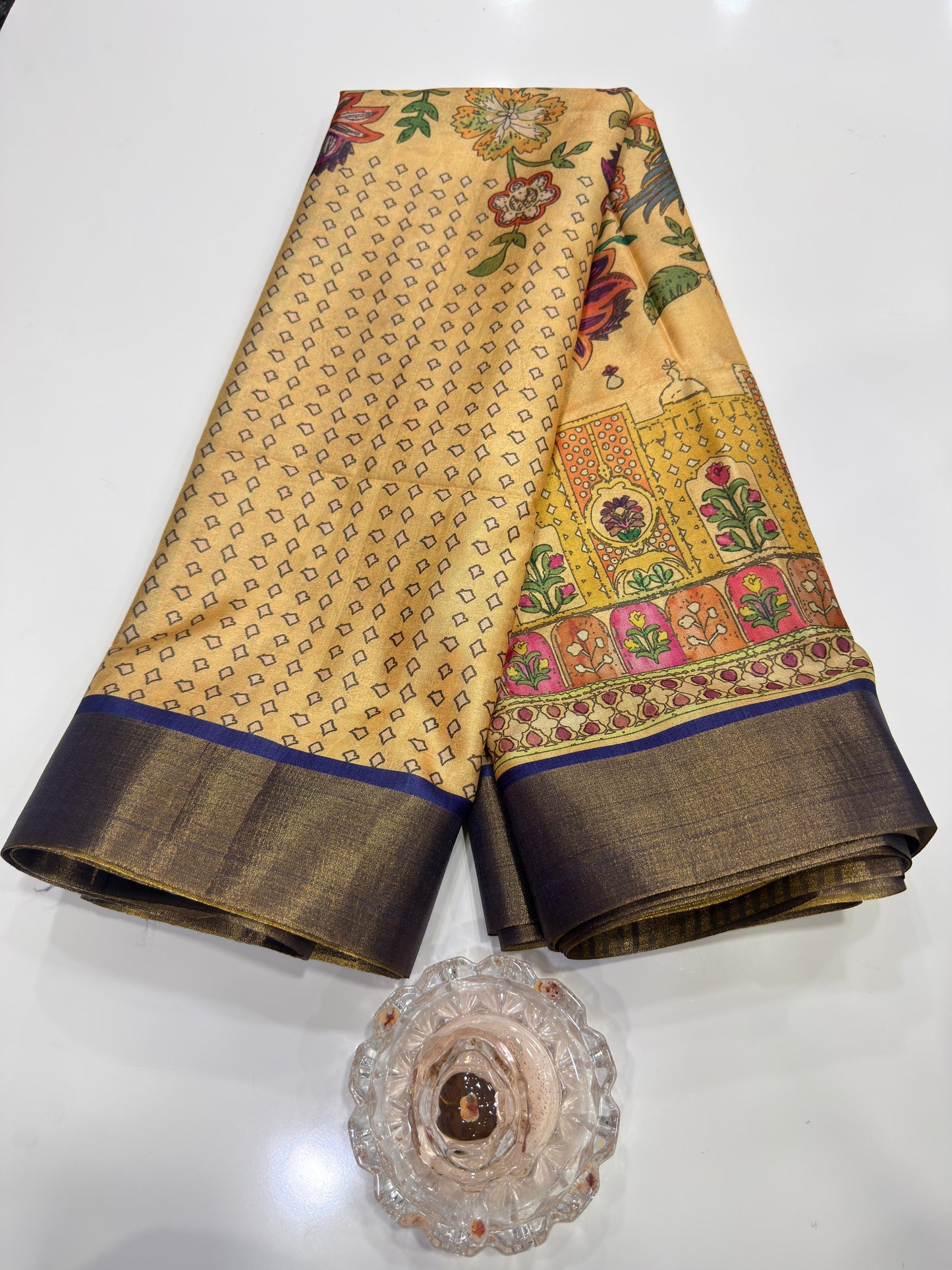 Soft Tussar Silk Printed Saree with Contrast Border, Tassels and Blouse for Women