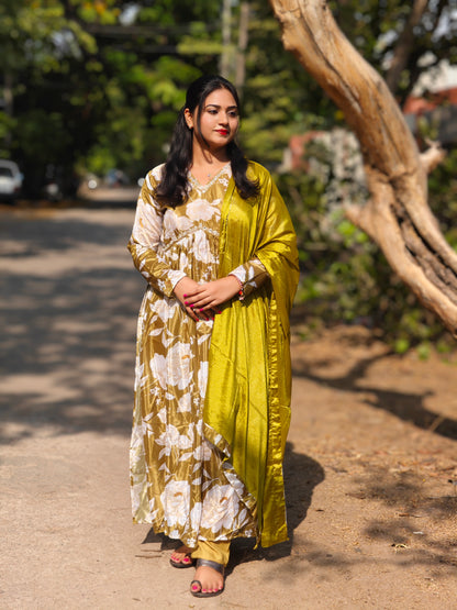 Olive Green Chinnon Alia Cut Suit Set with Printed Kurta, Pant and Dupatta – Women’s Festive Wear