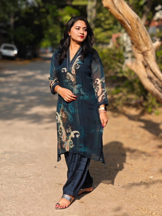 Viscose co-ord set for women with floral print and embroidery – fully stitched festive ethnic outfit