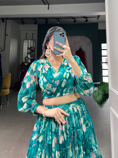 Georgette Chex Floral Print Co-ord Set with Lehenga and Blouse for Women – Stitched