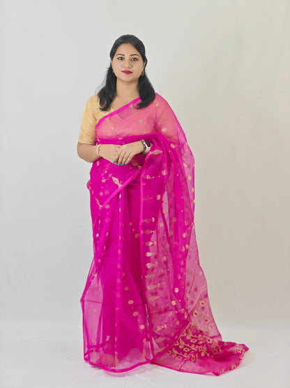 Handwoven Muslin Jamdani Saree with Traditional Weaving and Blouse Piece for Women