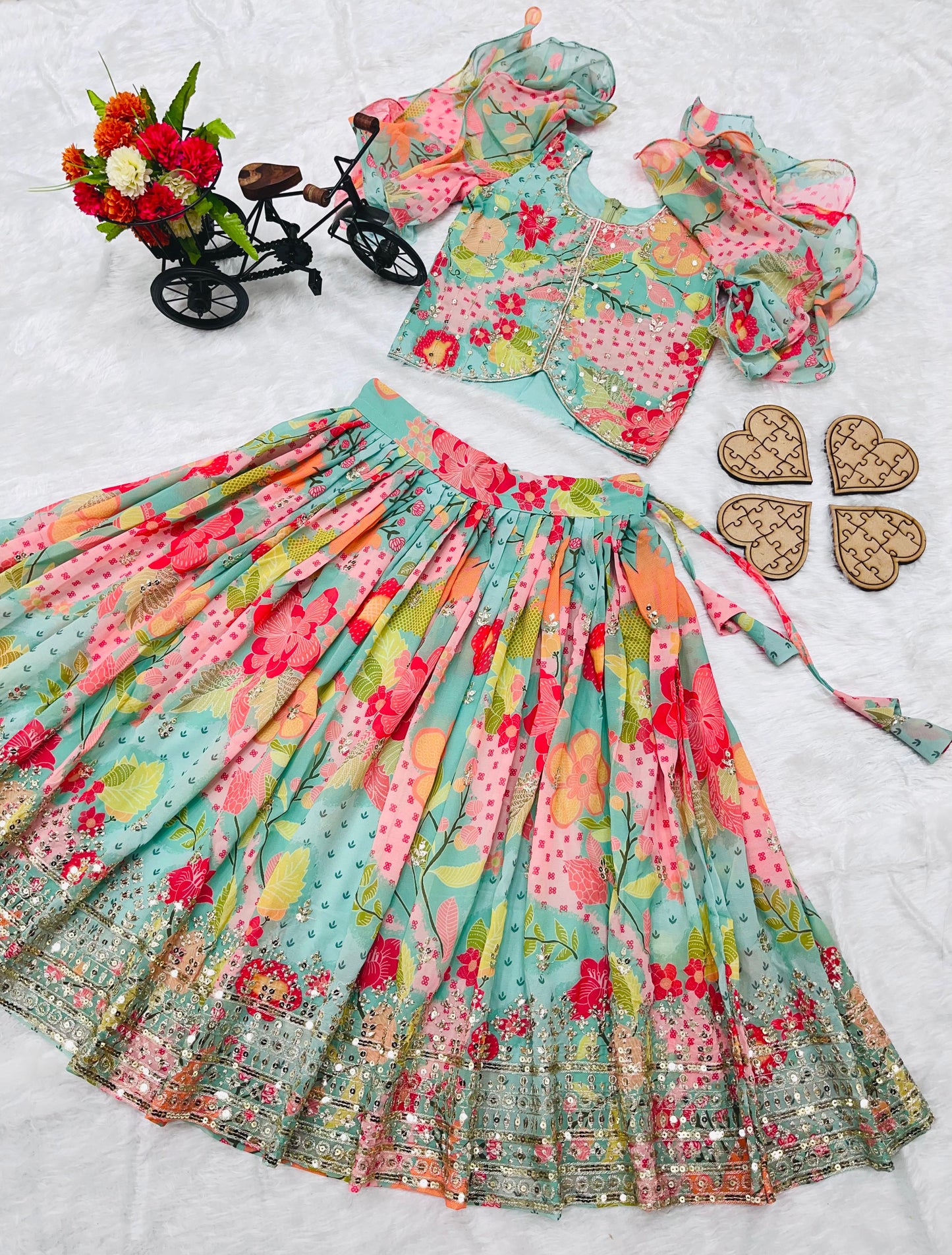 Girls’ Heavy Fox Georgette Lehenga Choli with Digital Print and Sequins Embroidery – Stitched Kids Ethnic Wear