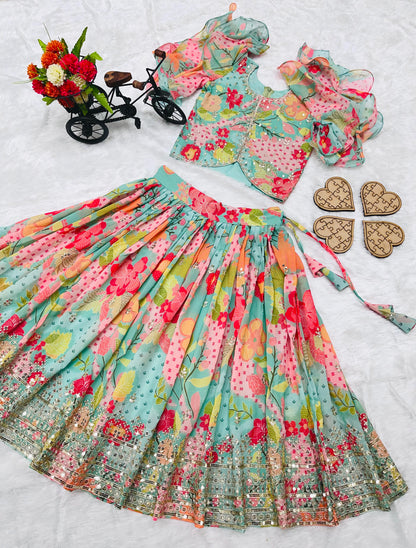 Girls’ Heavy Fox Georgette Lehenga Choli with Digital Print and Sequins Embroidery – Stitched Kids Ethnic Wear