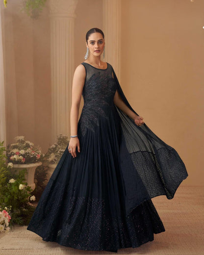 Navy blue real chinon hand-embroidered gown with cancan for wedding & reception