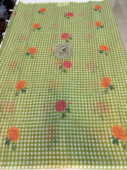 Linen Checks Printed Saree with Rose Floral Design and Matching Blouse for Women