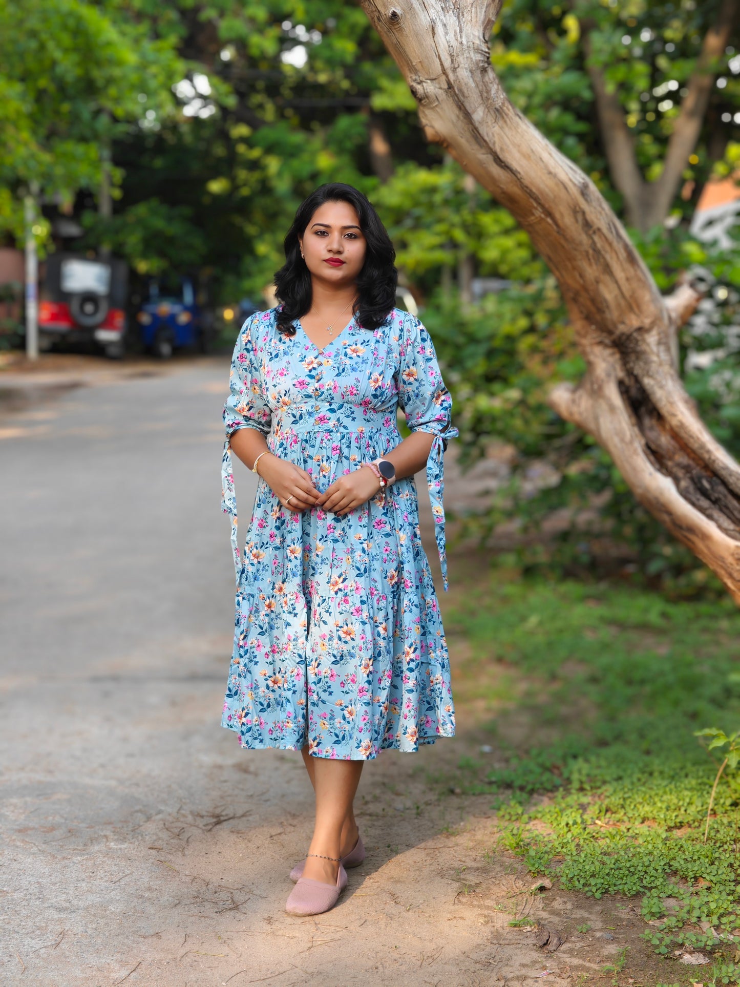 Blue Crepe Digital Floral Print Flared Western Dress for Women – Midi Dress, Sizes M, L, 2XL