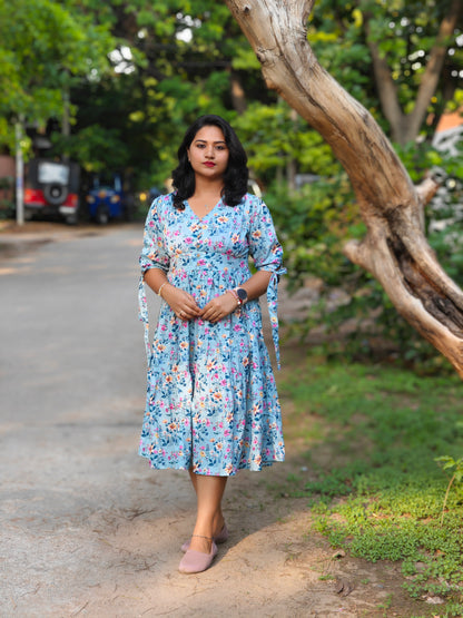 Blue Crepe Digital Floral Print Flared Western Dress for Women – Midi Dress, Sizes M, L, 2XL