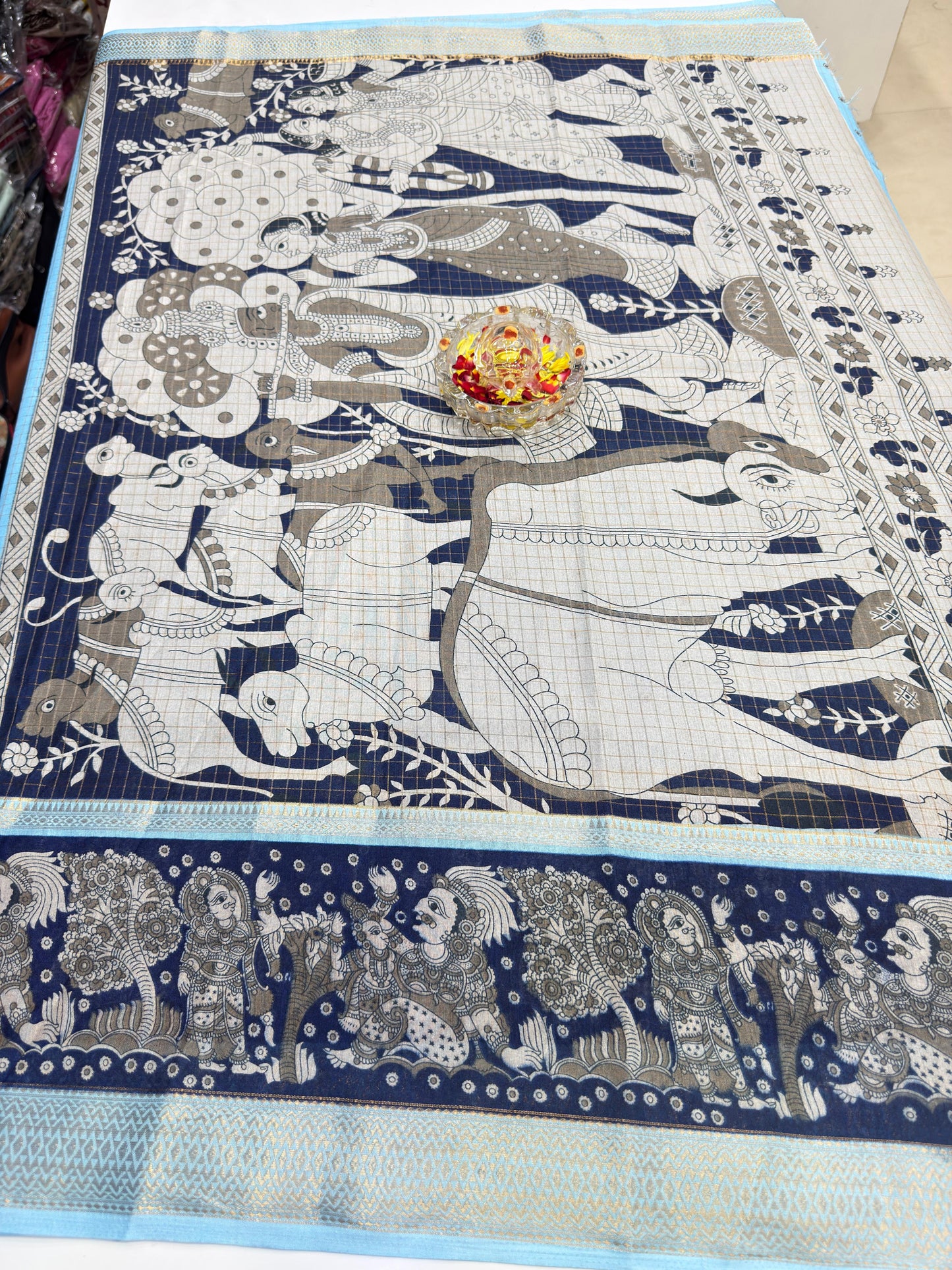 Semi Mysore Georgette Blend Saree for Women with Woven Border and Traditional Printed Design