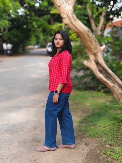 Red Cotton Checkered Regular Fit Top for Women – Sizes S to 3XL