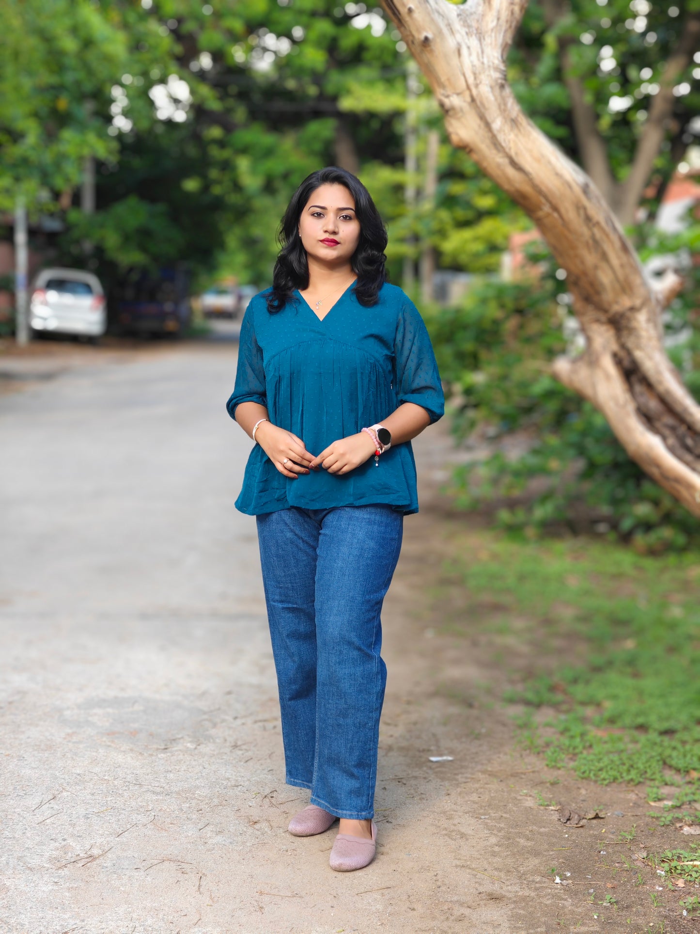 Teal Blue Dobby Chiffon Solid Empire Top for Women – Sizes S to 2XL