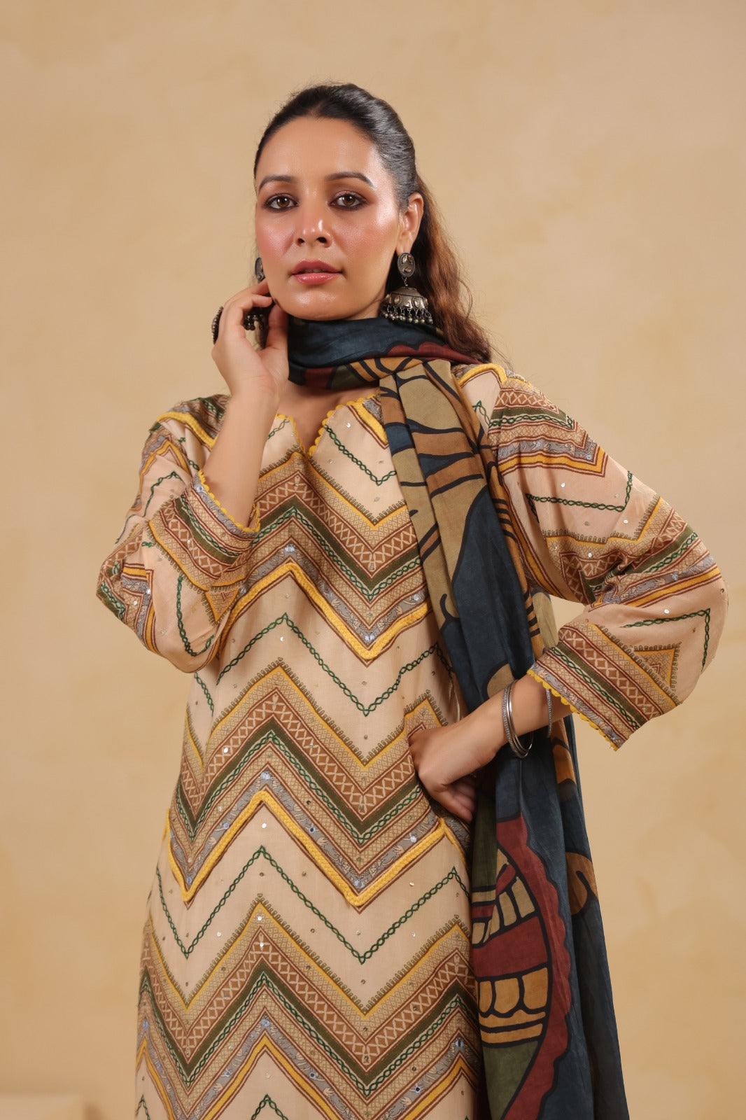 Mul Chanderi Kurti Pant Dupatta Set with Dori and Sequin Handwork for Women