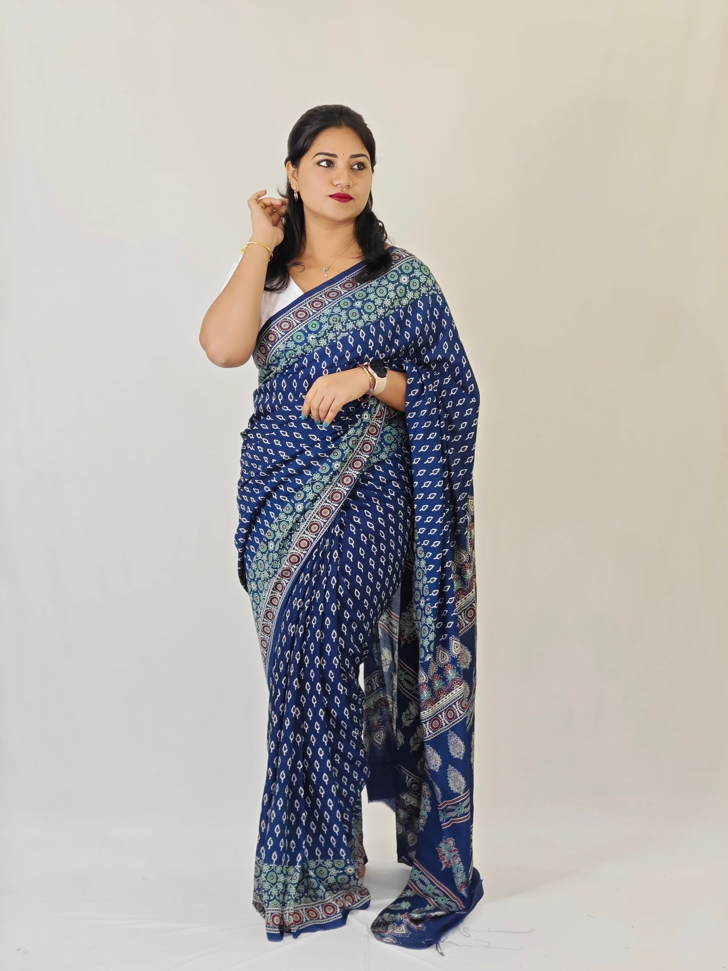 Semi Modal Silk Saree with Hand Block Prints and Contrast Blouse for Women