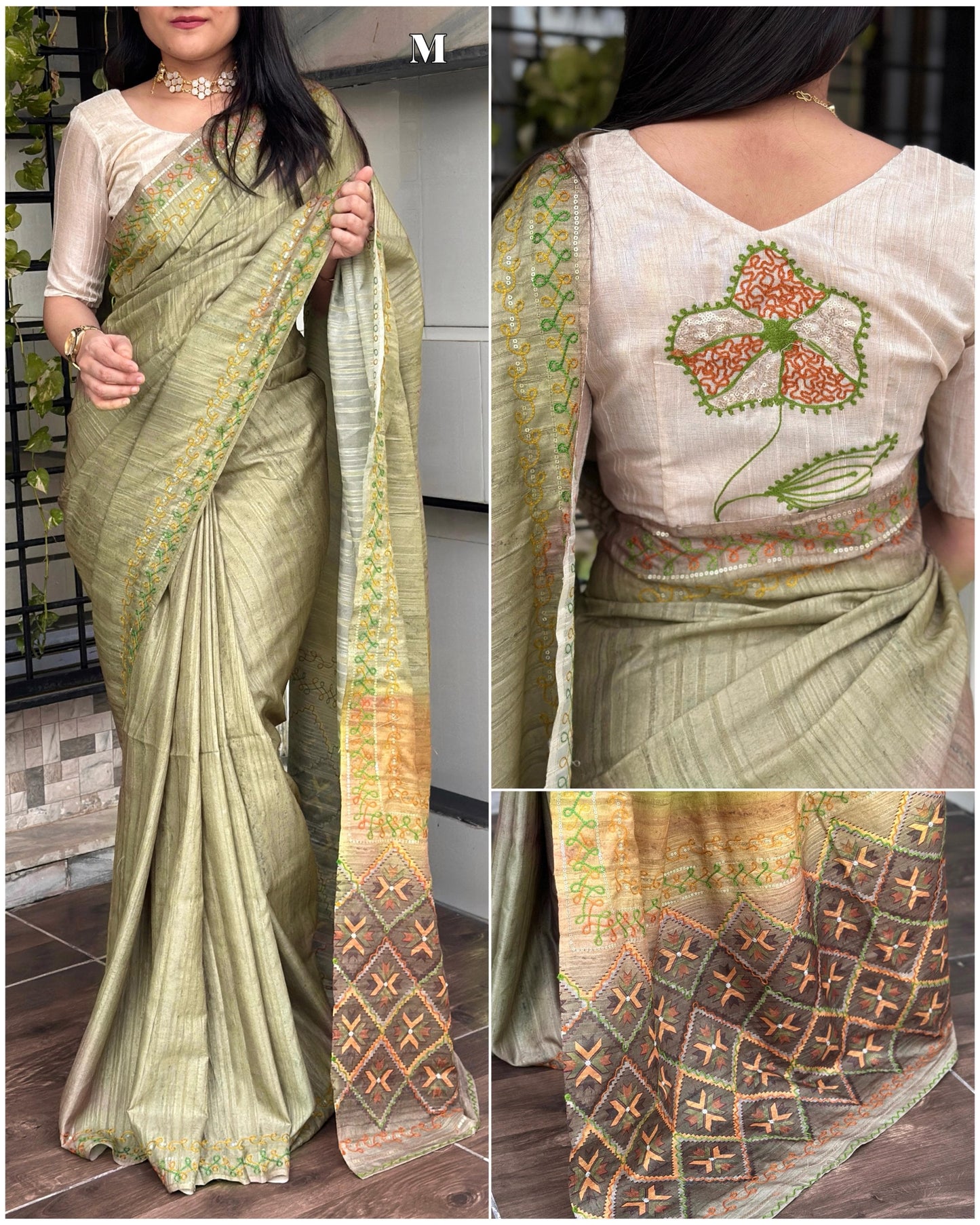 Air Silk Saree with Digital Ajrakh Print, Khatha Work and Sequins – Designer Blouse Included