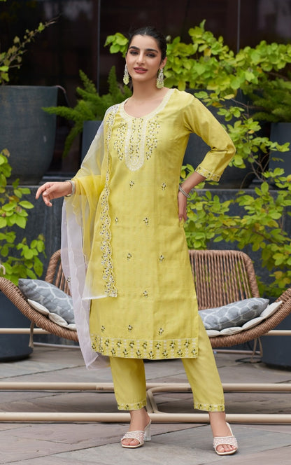 Plus size straight cut vatican dobby kurta pant set with embroidered organza dupatta, 3 piece suit for women, 2XL-3XL