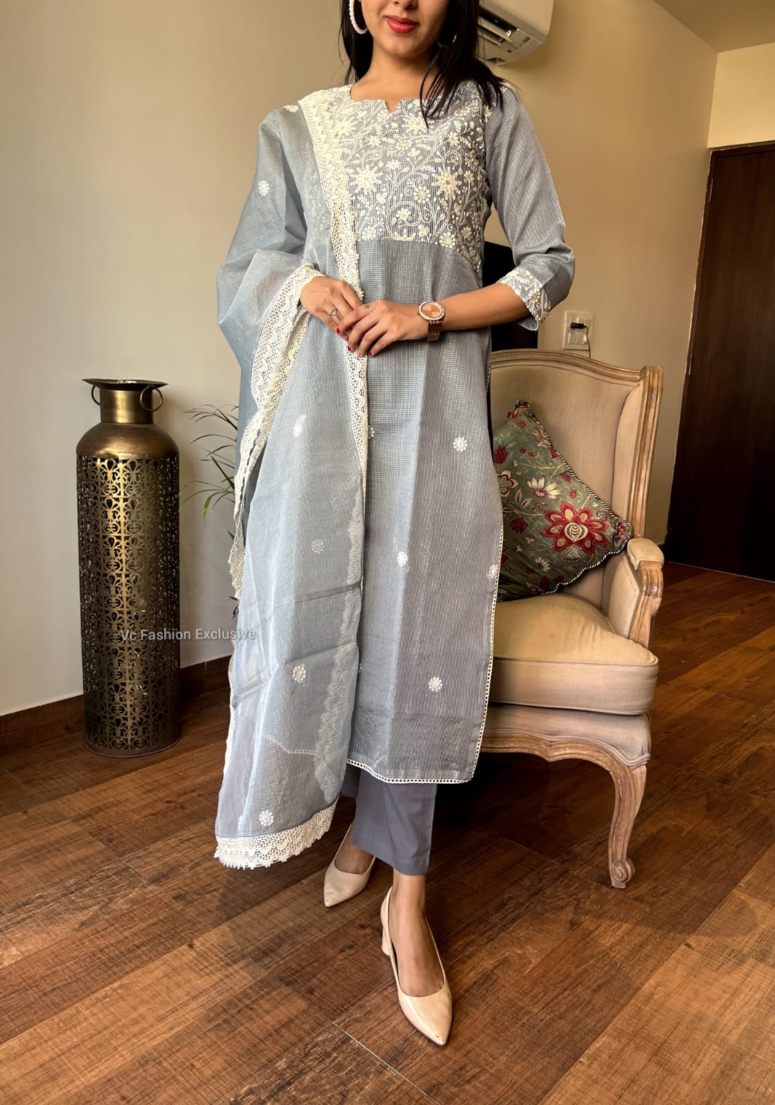 Pure Kota Doria Embroidered Kurta Pant Dupatta Suit Set with Crocia Lace – Women’s Grey, Sizes 38 to 46