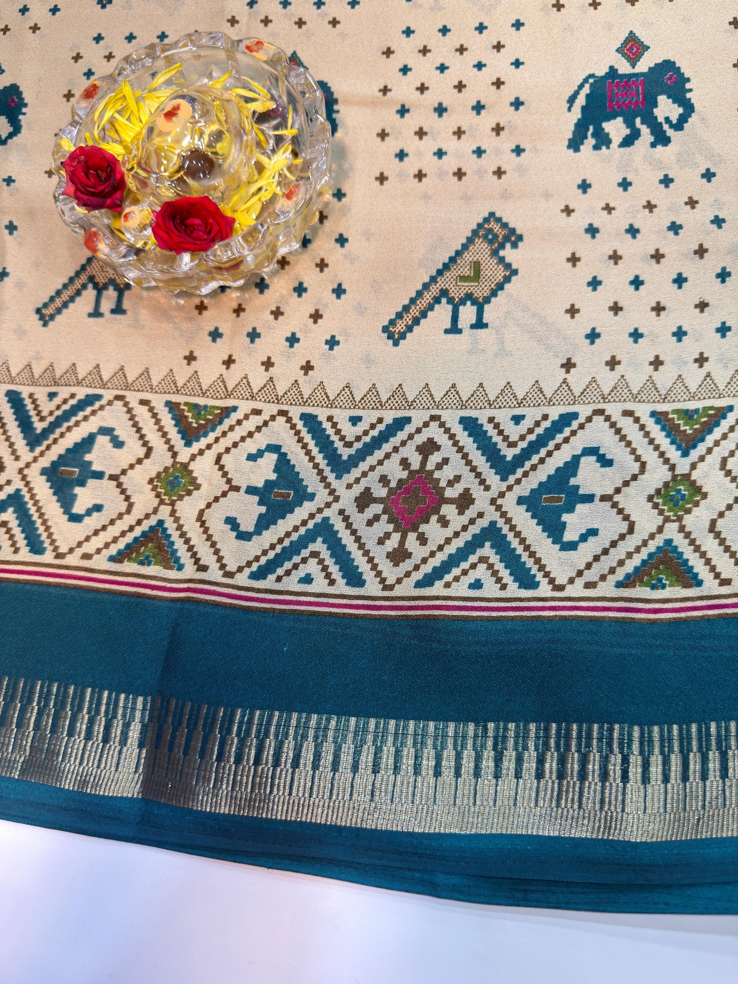 Tribal Printed Silk Blend Saree for Women with Ethnic Border and Traditional Folk Design