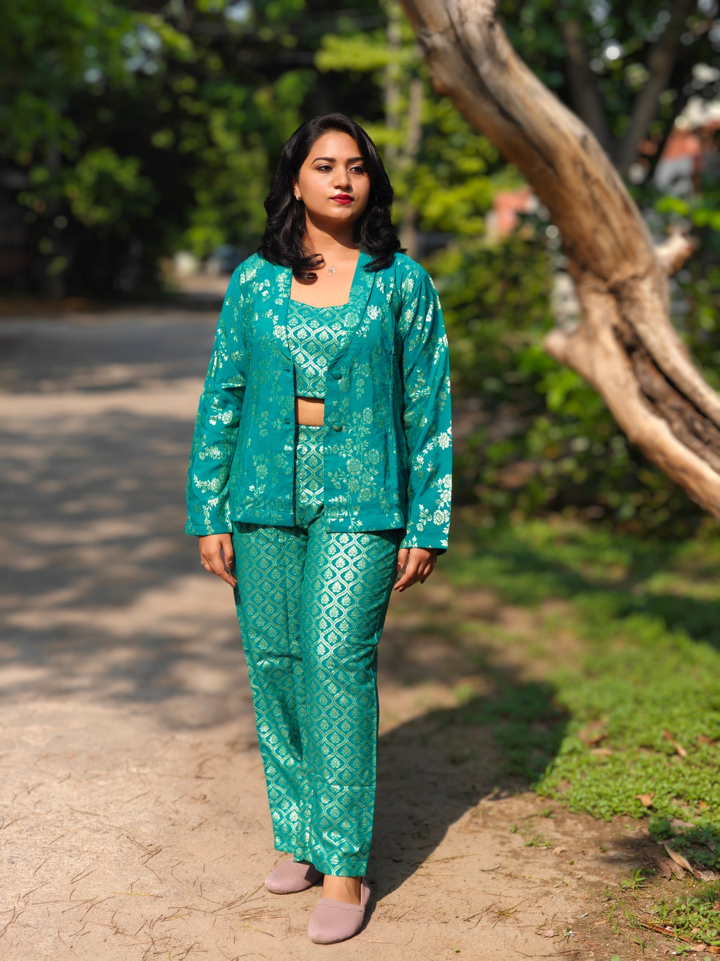 Rama green brocade co-ord set for women with woven design and crop top – festive ethnic fusion wear