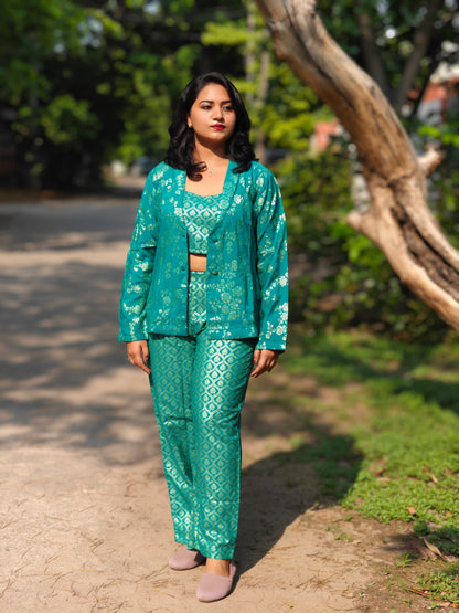 Rama green brocade co-ord set for women with woven design and crop top – festive ethnic fusion wear