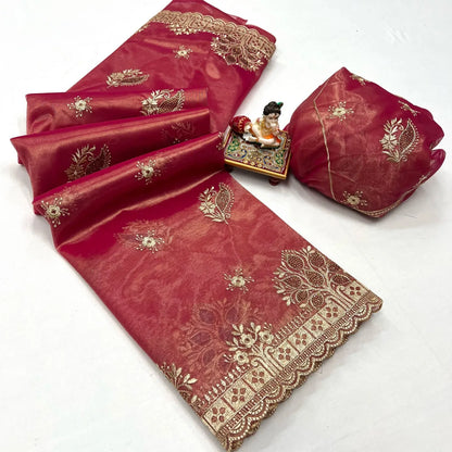 Organza Saree with Intricate Embroidery, Cutwork Detailing and Heavy Silk Blouse – Festive Wear