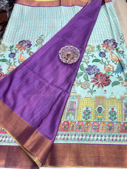 Soft Tussar Silk Printed Saree with Contrast Border, Tassels and Blouse for Women