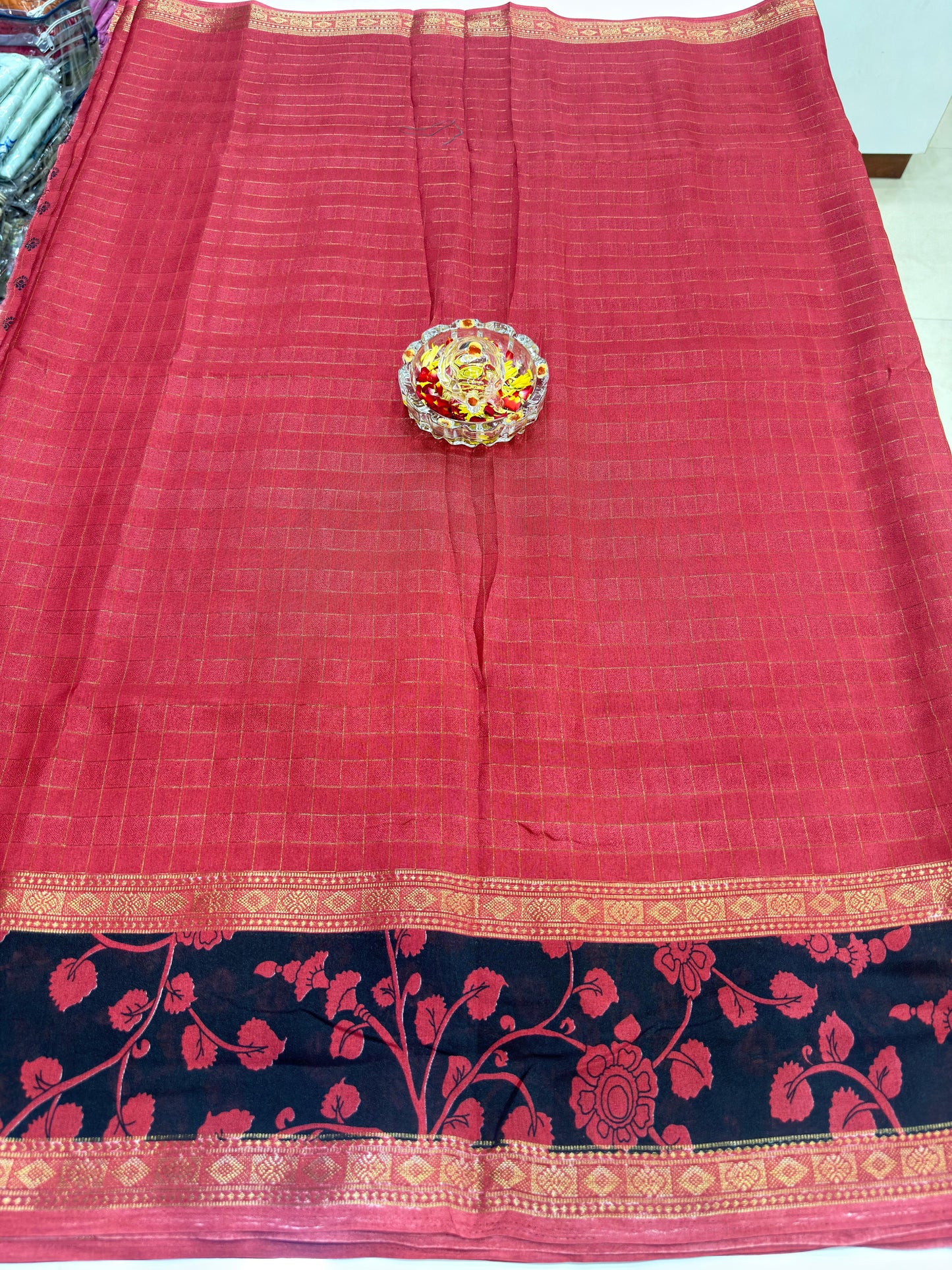 Semi Mysore Georgette Blend Saree for Women with Woven Border and Traditional Printed Design