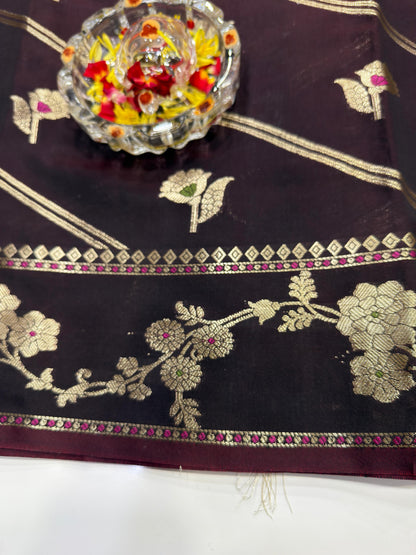 Banarasi Semi Katan Silk Saree for Women with Gold Zari Weaving, Meenakari Border and Blouse Piece