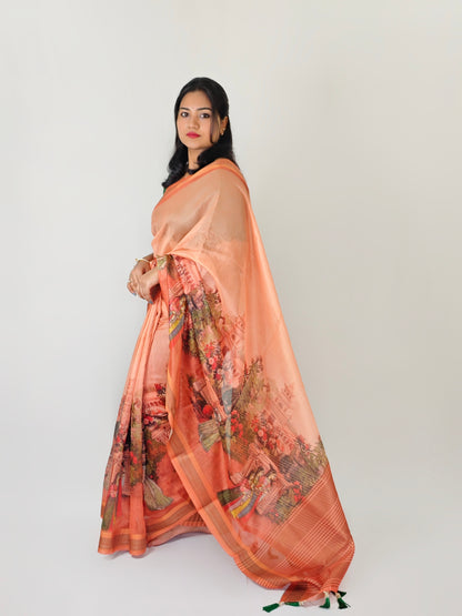 Semi Tussar Silk Saree with Kalamkari Print, Zari Weaving Border, and Contrast Blouse