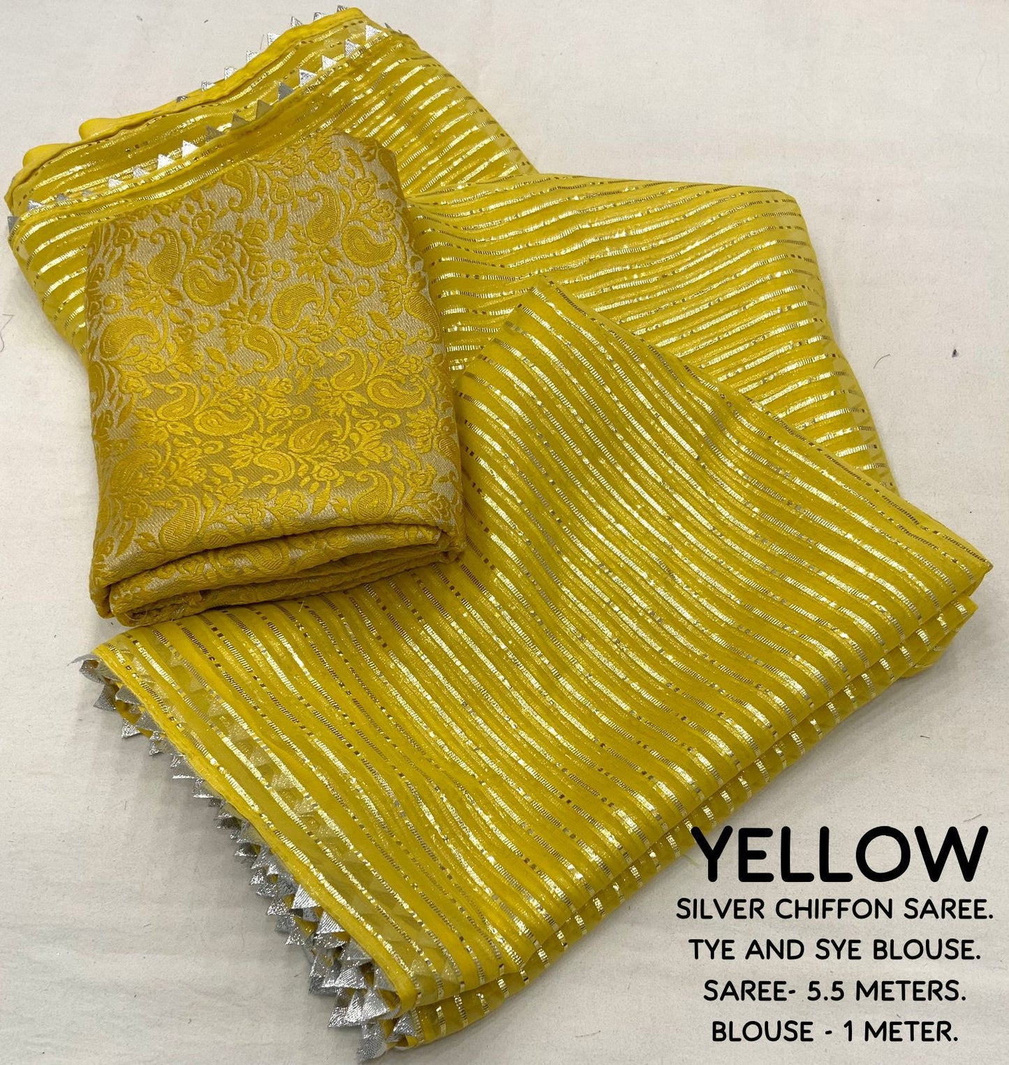 Soft Chiffon Saree with Silver Zari Weaving & Gota Temple Border – Banarasi Silk Blouse Included