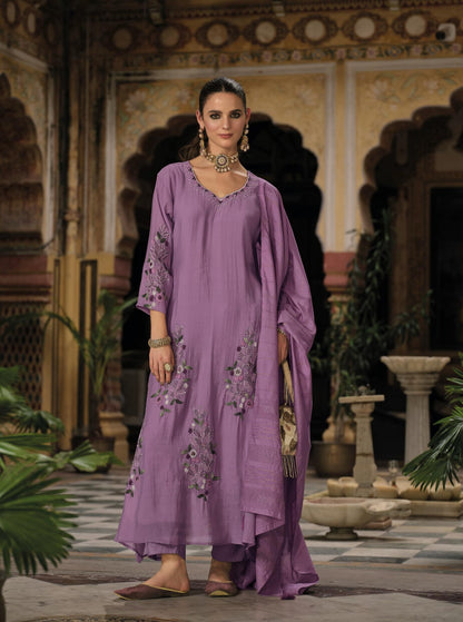 Women’s mul chanderi viscose kurta pant dupatta set with designer kantha work and handwork, muslin bottom, XL-3XL